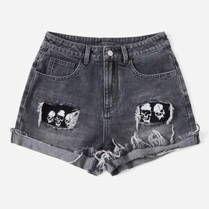 ROMWE High Rise Skull Ripped Denim Shorts XXL US 14 Dark Wash Black Gray NWT